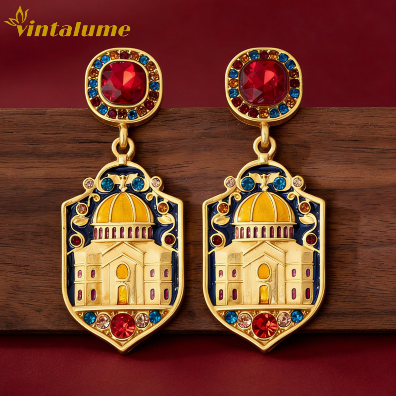 Vintage Fashion Build - Shield Castle Building Drop Earrings Gold