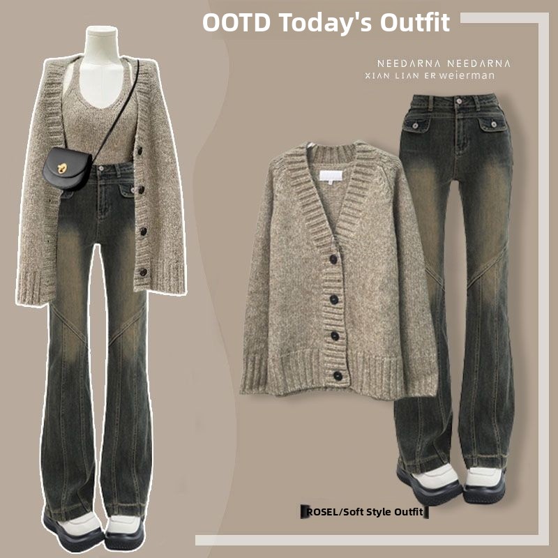 Vintage Fashion Pieces - Slimming Knitted Cardigan Denim Three-Piece Set
