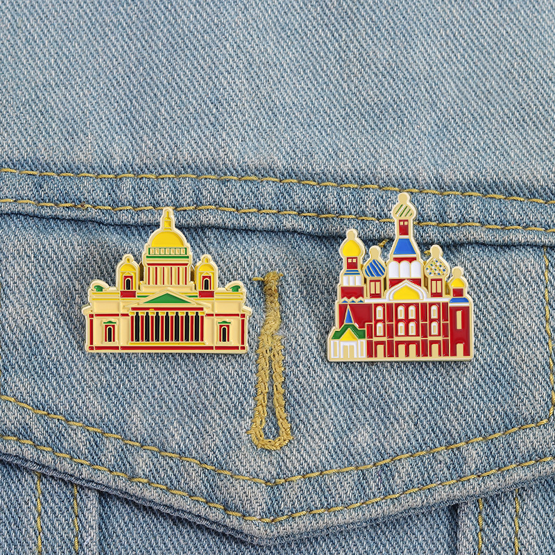 Vintage Fashion Build - Vintage Building Enamel Brooches Cathedral Lapel